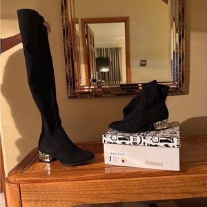 BAMBOO Women's Black Over the Knee Boots with Gold Heel